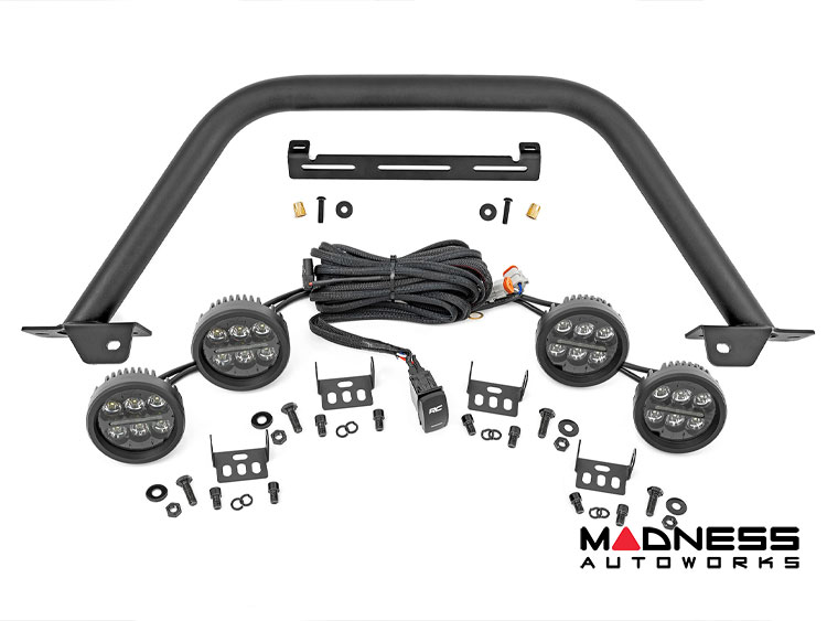 Ford Bronco Front Bumper Guard - Safari Bar - OE Modular Bumper - Rough Country - w/ 4x 3.5in Round Lights - Amber DRL
